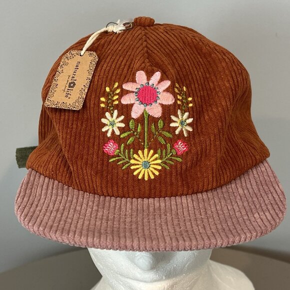 NATURAL LIFE Accessories - Natural Life Hat Brown Corduroy Floral Embroidered Adjustable One Size NWT